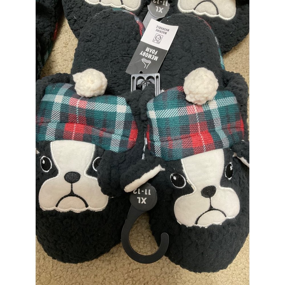 XL 11-12 French Bulldog House Shoes Slippers Black Plaid - Picture 1 of 5